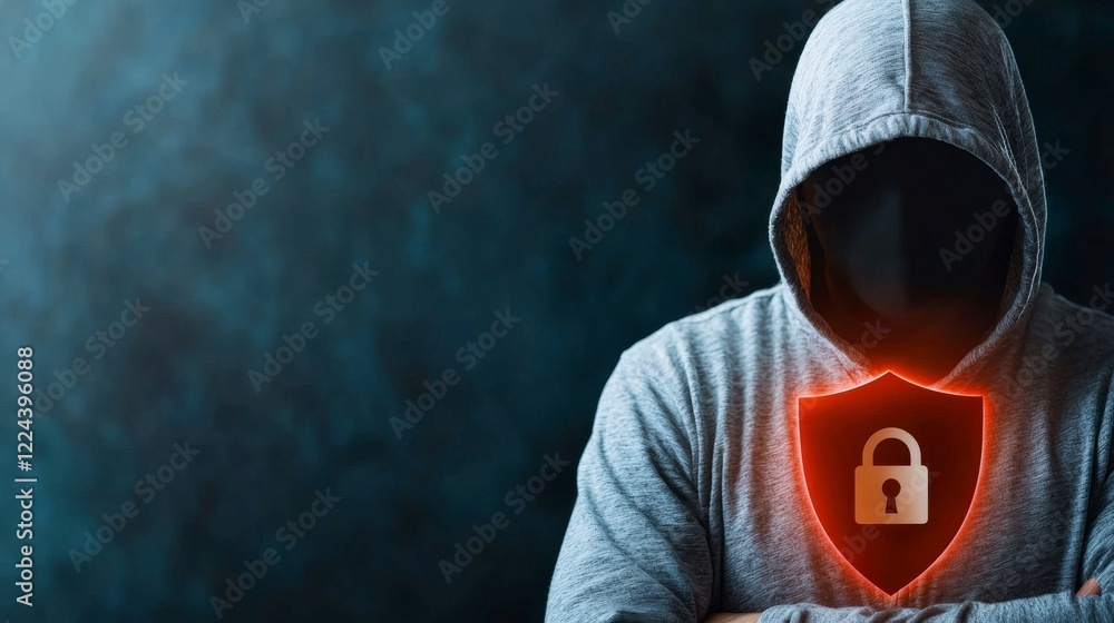 Poster mysterious figure in hoodie symbolizing cybersecurity and privacy with lock icon on dark background