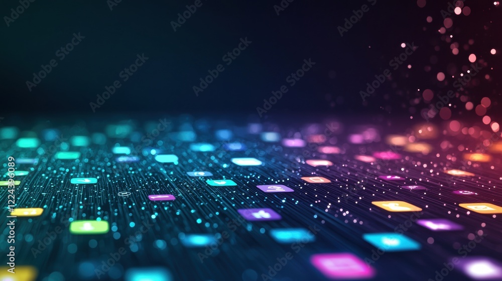Poster social network network of colorful icons representing people, dark background, dynamic lines visuali