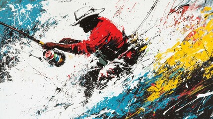 Vibrant fishing adventure captures a fisherman battling the waves in colorful ocean waters
