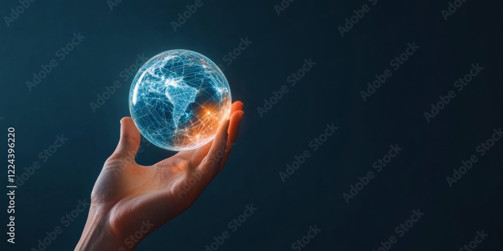 Aufkleber Cutting-Edge Tech Aesthetics Hand with Holographic Globe and Digital Projections - Smart Network Solutions for Secure Cloud Computing in Business Innovation