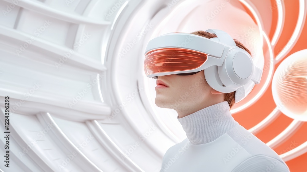 Aufkleber futuristic tech aesthetic young man interacts with vr holograms in metallic surround - cutting-edge 