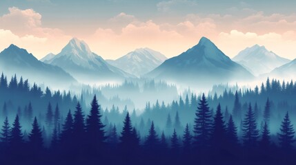 Obraz premium Majestic mountain range emerging from a misty coniferous forest at dawn