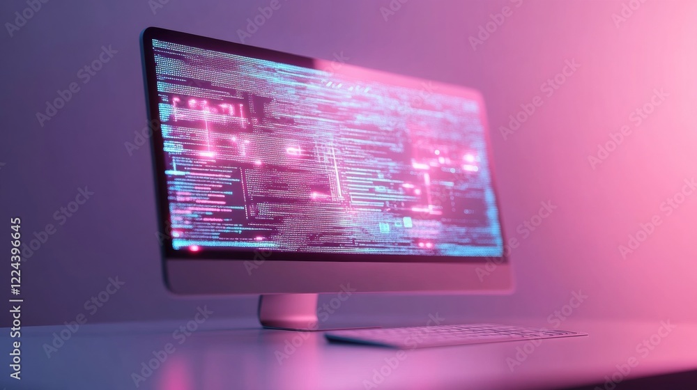 Poster Neo-Futurist Digital Workspace Sleek Monitor with Vibrant Holographic Icons on Minimal Hue Gradient - Cutting-Edge UI Design for Modern Tech-Driven Industries