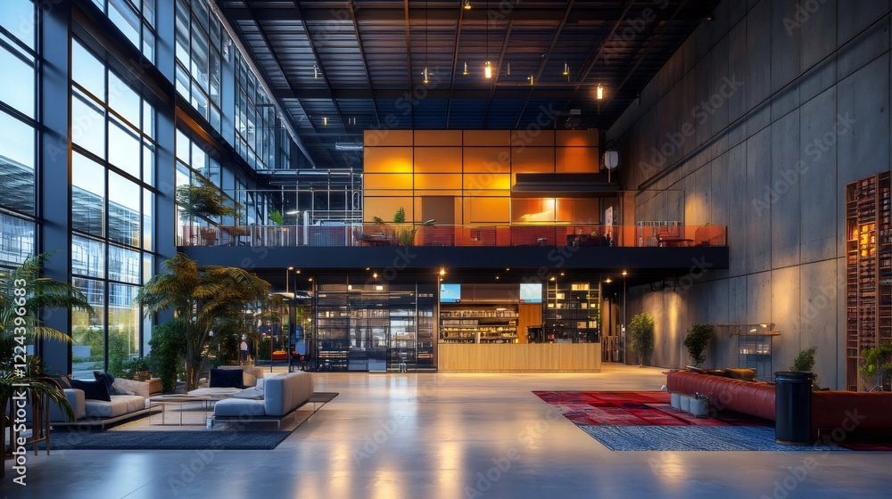 Poster modern open plan office space with mezzanine floor and large windows