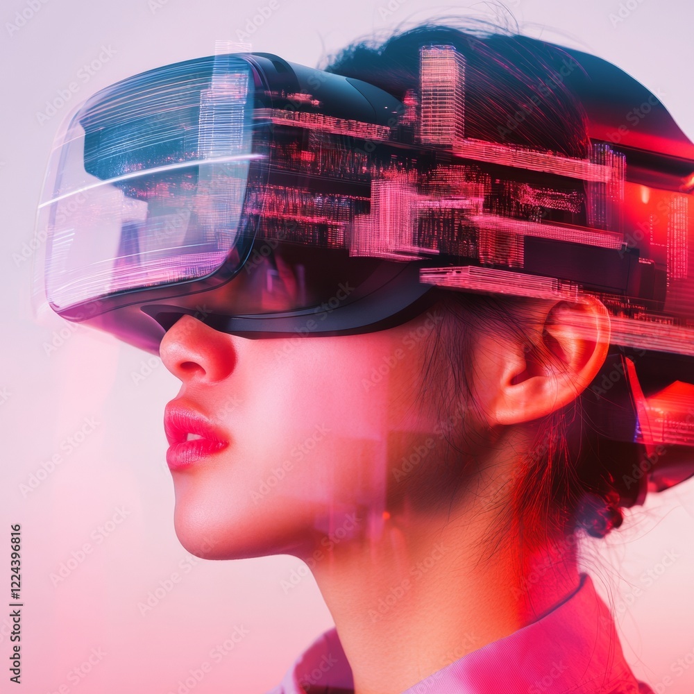 Poster Holographic Interactive Display Modern VR Headset with Dynamic Red Neon Textures Cutting-Edge Tech for Immersive User Experiences and Digital Innovation
