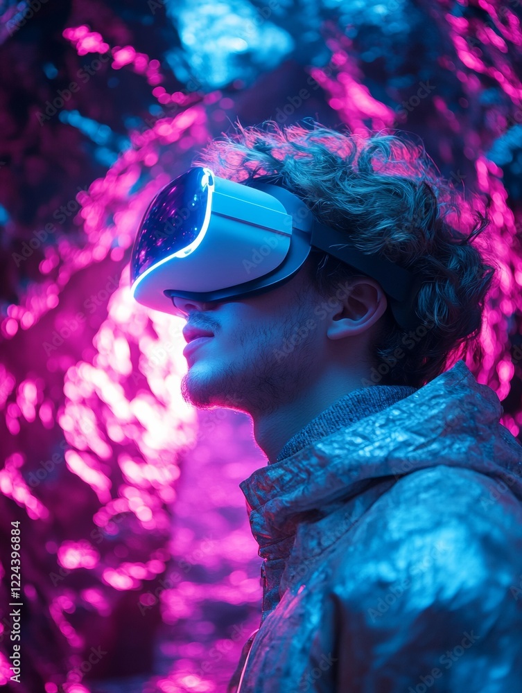 Poster neon futurism young man in reflective metallic jacket engaged in vr immersion - dynamic visuals for 