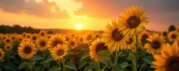 Obraz premium Golden sunflowers stretching towards the sky at sunset, flowers, orange, sunset