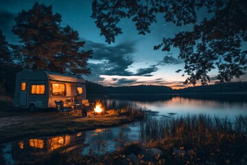 Camper enjoying bonfire near lake at night under starry sky