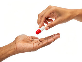 Hand Giving Red and White Capsule to Another Hand on Isolated White Background
