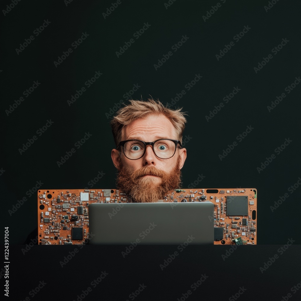 Fototapete Industrial Tech Vibes Bearded Programmer with Coding Laptop and Circuits in Modern Workspace - Tech Industry Branding and Problem-Solving Imagery for Innovative Solutions