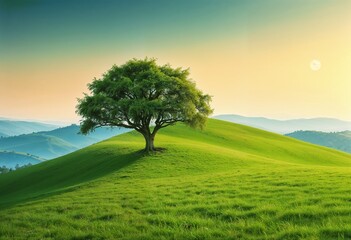 Obraz premium Lone tree on a grassy hill with a serene landscape, peaceful and tranquil, illuminated by soft sunset light
