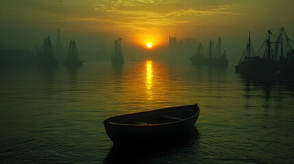 Serene sunrise over a misty harbor with a lone boat