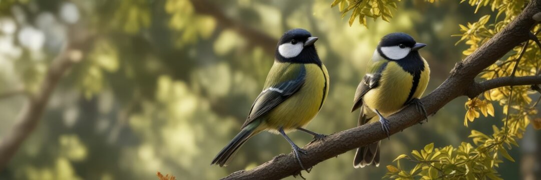 Graceful great tit perched on a branch against an oak tree backdrop, parus major, nature, branch, great tit