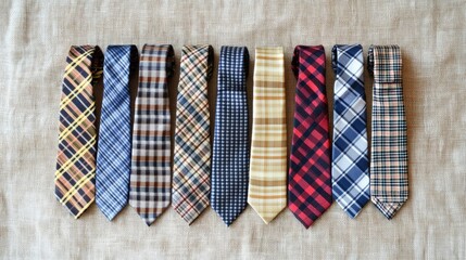 Obraz premium A set of neckties with a mix of checks and stripes arranged artfully on a soft surface
