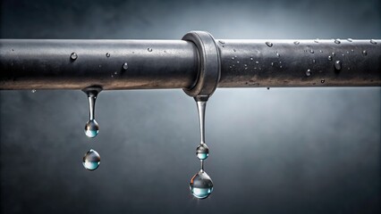 Fototapeta premium Gray misty water droplets hanging from a dark metal pipe, background, misty, metal, industrial