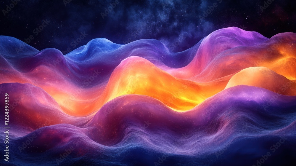 Poster iridescent abstract wave in dark space with neon colors and fluid motion
