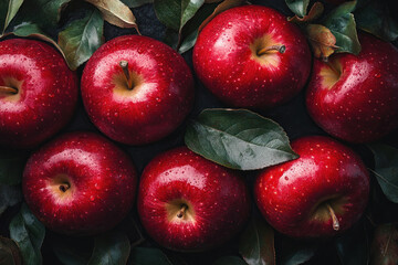 Pile of red apples with green leaves.