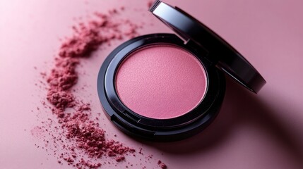 Close-up of a pink blush powder in a black compact, surrounded by loose powder on a pink background