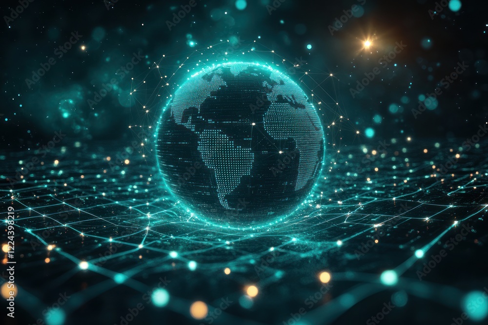 Poster futuristic digital globe with cyberpunk telecommunication network and satellite orbit design