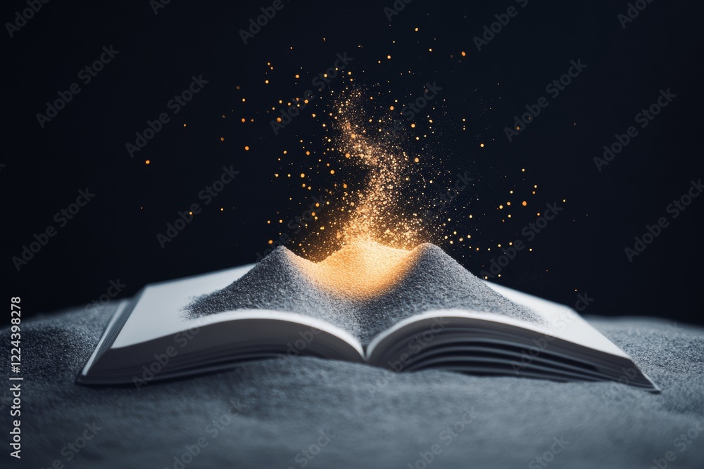 Poster futuristic entrepreneurial vision luminous galaxy from open book with cosmic particles - inspiring b