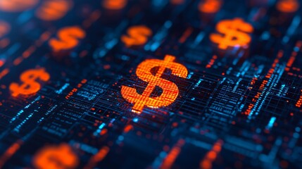 Futuristic financial district with floating currency symbols, emphasizing revenue surge, economic windfall