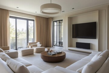 Modern living room interior with large windows showcasing forest view