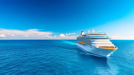 A luxurious cruise ship sails through calm blue waters under a bright sky, embodying adventure and relaxation on the open sea