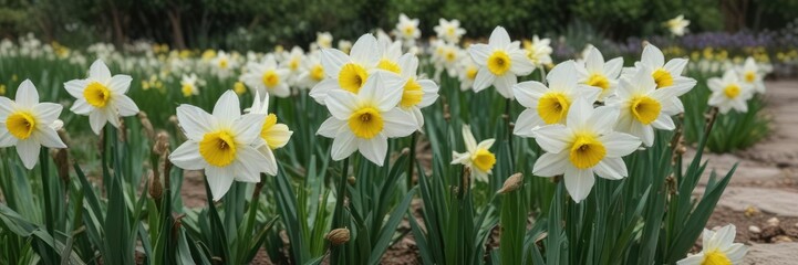 Group of withering narcissus flowers in a botanical garden, fading, seasonal, botany, nature, withered