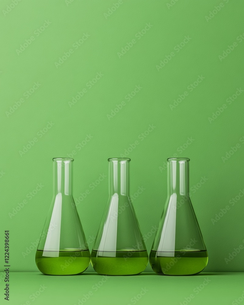 Fototapete minimalist science display vibrant green chemistry lab beakers on matte surface educational tools an