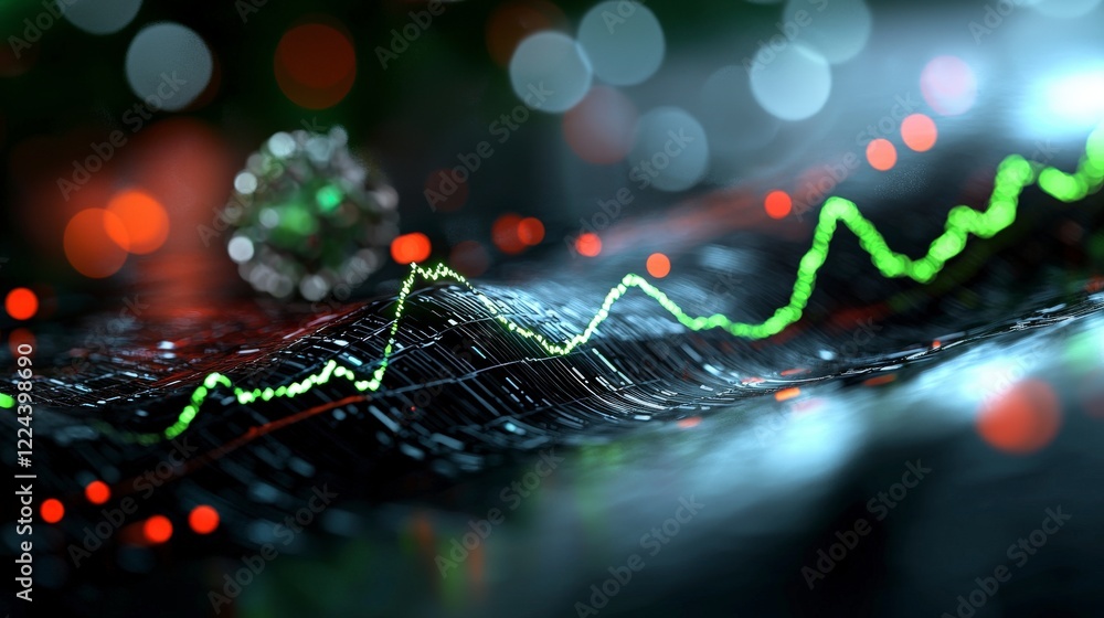 Poster abstract financial chart with green line graph on dark background and colorful bokeh lights effect