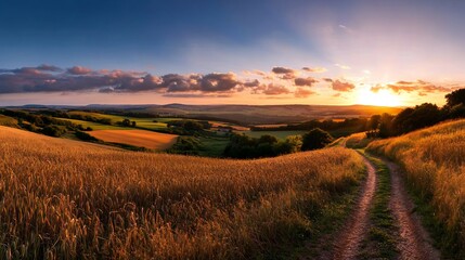 Fototapeta premium Golden Hour Countryside: A Serene Sunset Landscape