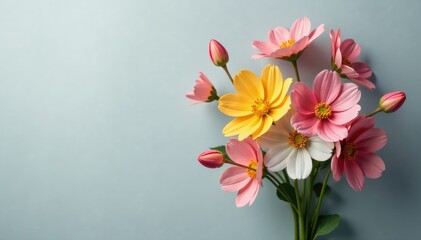 Fototapeta premium A bouquet of colorful flowers on a soft, gray background, gray, pastel, colorful