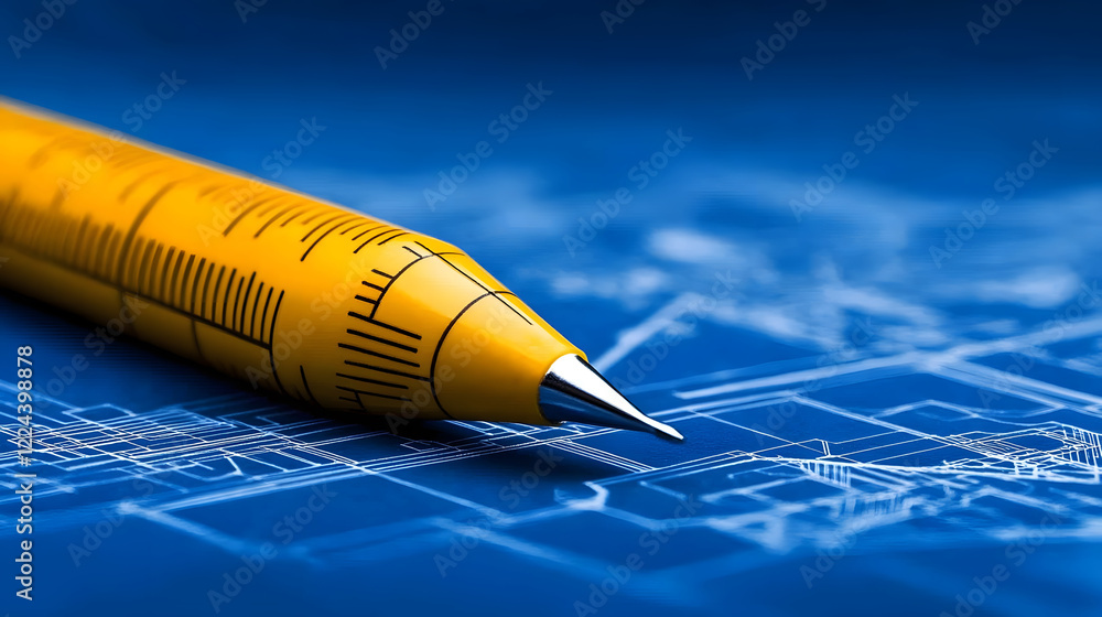 Poster a yellow pencil rests on a blue blueprint, highlighting a design process in architecture or engineer