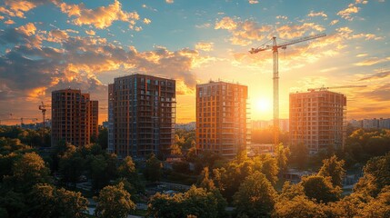 Obraz premium Brightly lit residential complex under construction surrounded by cranes against blue sky