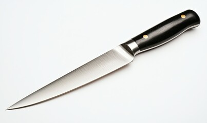 Sharp kitchen knife with black handle on white background for culinary use