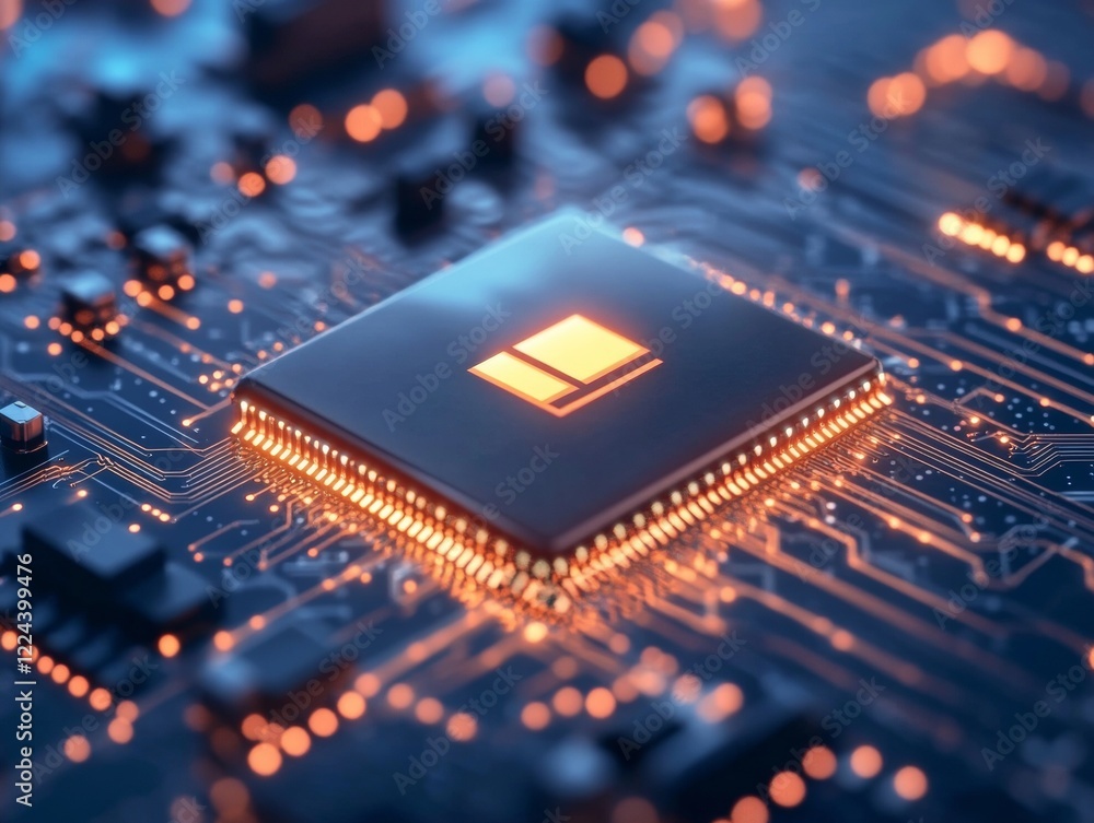 Aufkleber Futuristic Circuitry Visualization Illuminated Microchip on Digital Grid - Cybersecurity Enhancement and Secure Tech Solutions for Modern IT Infrastructure