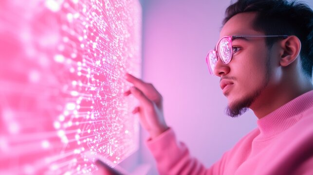 Neon-Infused Digital Art Showcase Young Indian Man Curates NFT Collection in High-Tech Home Studio for Creative Collaboration and Startup Culture Insights