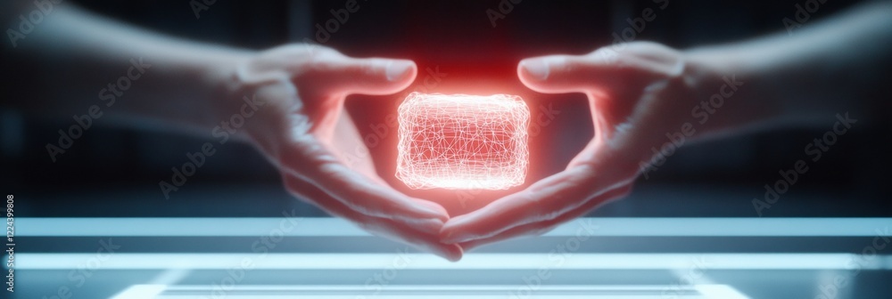 Poster futuristic holographic interface hands with digital cube in neon glow - commercial it innovation and