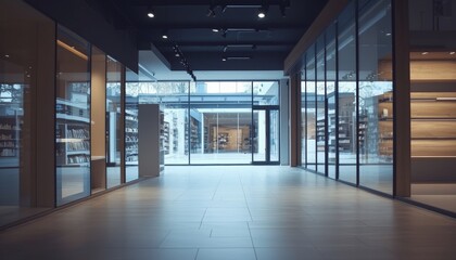 spacious empty retail store with a modern aesthetic, featuring large glass shop windows that reflect the surrounding urban environment
