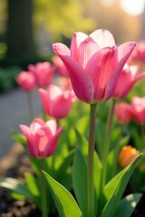 Fototapeta premium Delicate pink tulips sway gently in the spring breeze, blossoms, blooming, garden