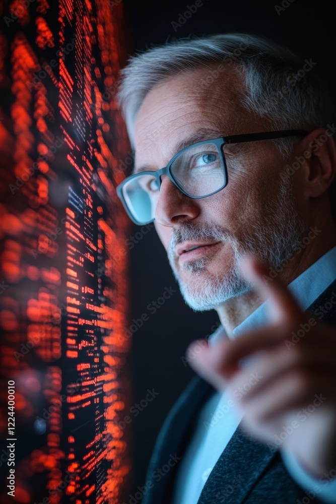 Aufkleber futuristic tech demo mature professional in sleek suit interacting with digital cybersecurity interf