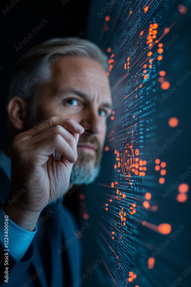 Poster Futuristic Cybersecurity Consultation Executive Presenting Digital Data Diagrams on Interactive Screen - Tech Innovation for Business Intelligence and Data Protection Strategies
