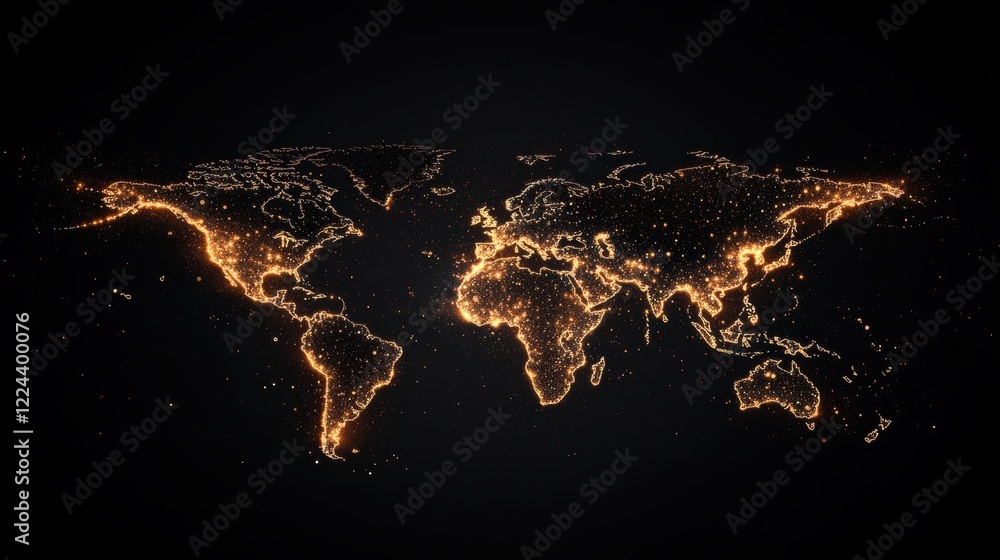 Poster technology and data visualization world map with heatmap showing data density and concentration, dar