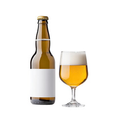 Craft Beer Bottle with Blank Label Next to Glass of Beer