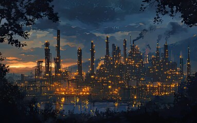 Obraz premium Industrial skyline at dusk with glowing lights, smoke, and reflections on water, creating a dramatic scene