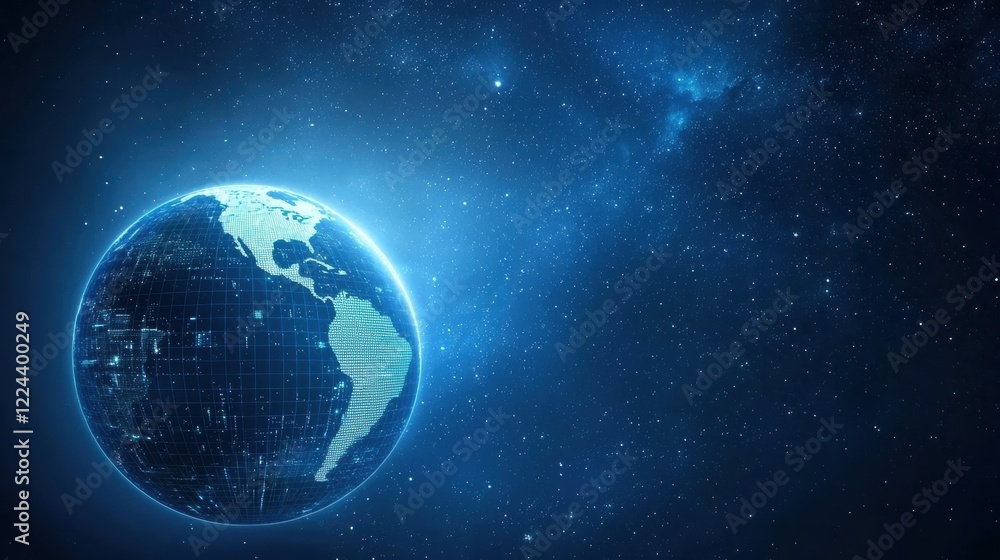 Poster technology and data visualization rotating globe with digital grids and data overlays, space backgro