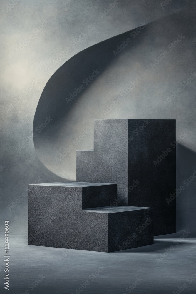 Poster minimalist concrete display dark geometric blocks on textured surface - contemporary art content and