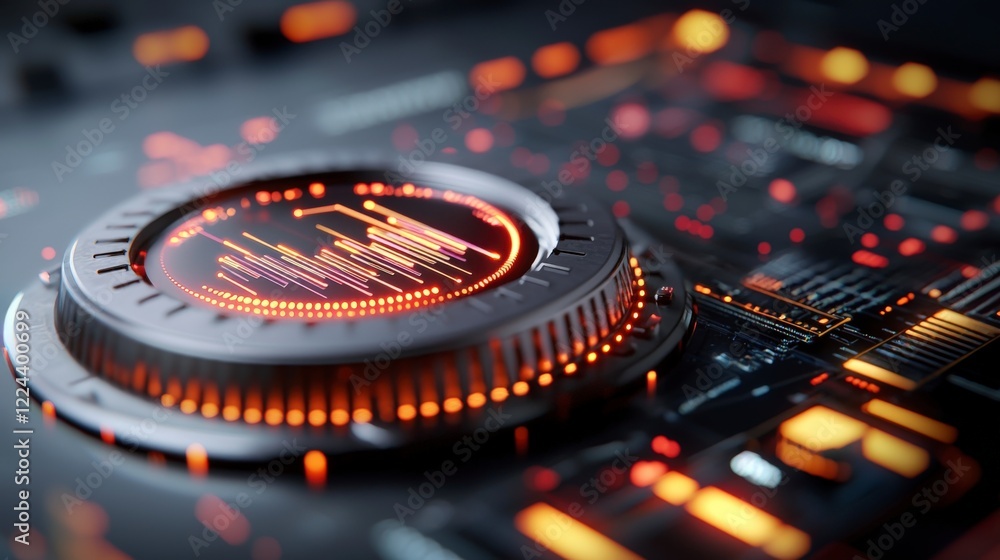 Poster futuristic digital interface with graphical displays and vibrant circular elements in neon colors