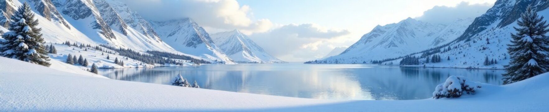 Frosty alpine landscape with snowfields and frozen lakes, alps, frost
