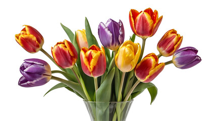 Obraz premium colorful tulip bouquet in a glass vase on white, transparent background png 